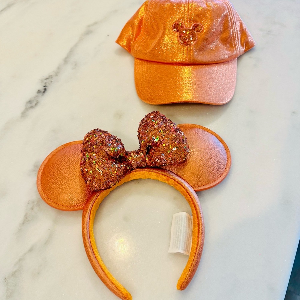 Official 2024 Disneyland matching hat NWT and sequin ears peach punch set